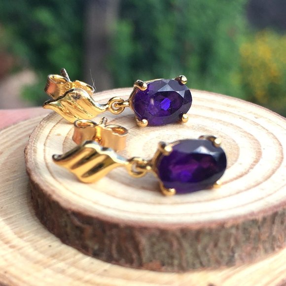 Natural Amethyst Gold Plated Earrings Post Dangles - Picture 10 of 15